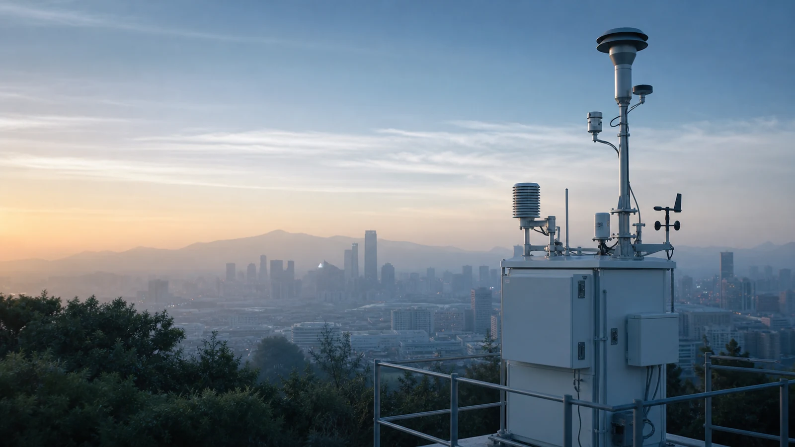 Professional ambient air monitoring station overlooking a city beneath a realistic light atmospheric haze