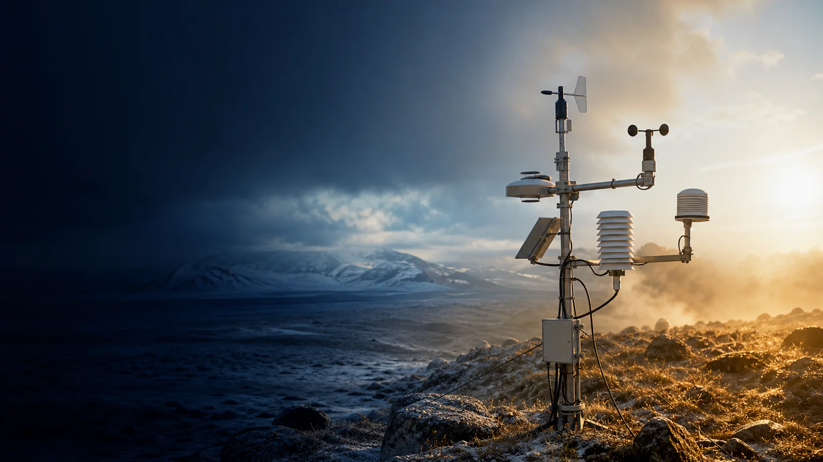Professional weather station with shielded temperature sensors between cold and hot atmospheric conditions