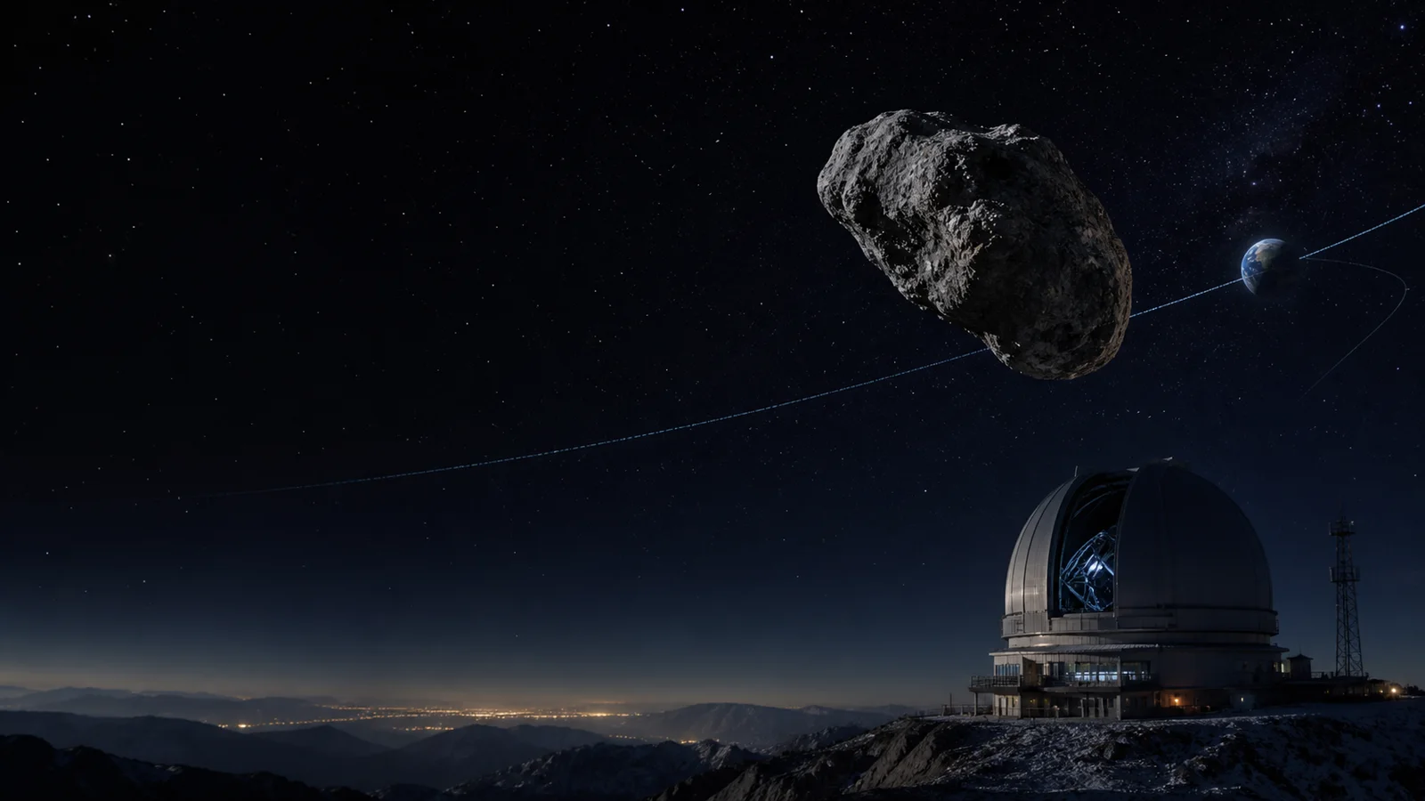 Realistic asteroid and mountaintop survey observatory visualizing optical tracking and a non-impacting Earth flyby