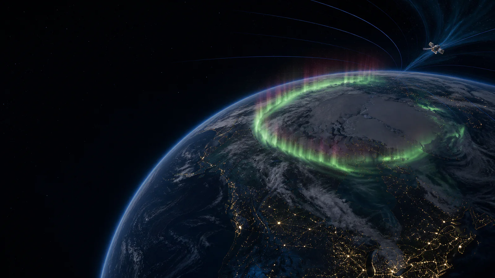 Realistic Earth at night with a thin structured auroral oval around the northern polar region