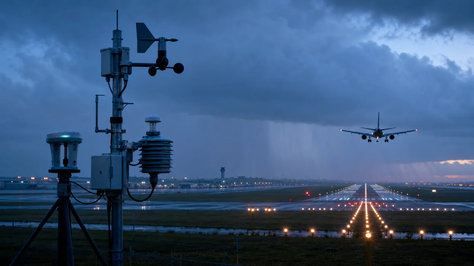 Airport weather station beside a wet runway with an aircraft approaching beneath layered clouds