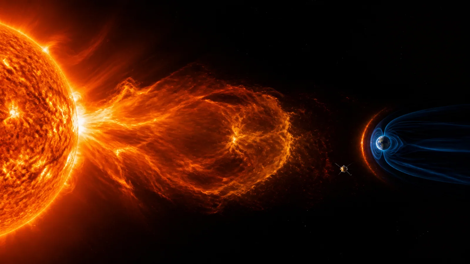 Realistic Sun releasing a coronal mass ejection toward a small Earth and its magnetosphere at schematic educational scale