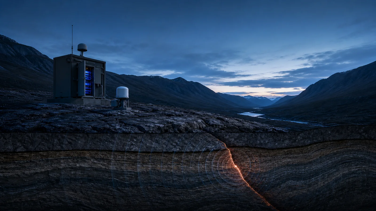 Seismic monitoring station above a cutaway fault and restrained seismic wave fronts