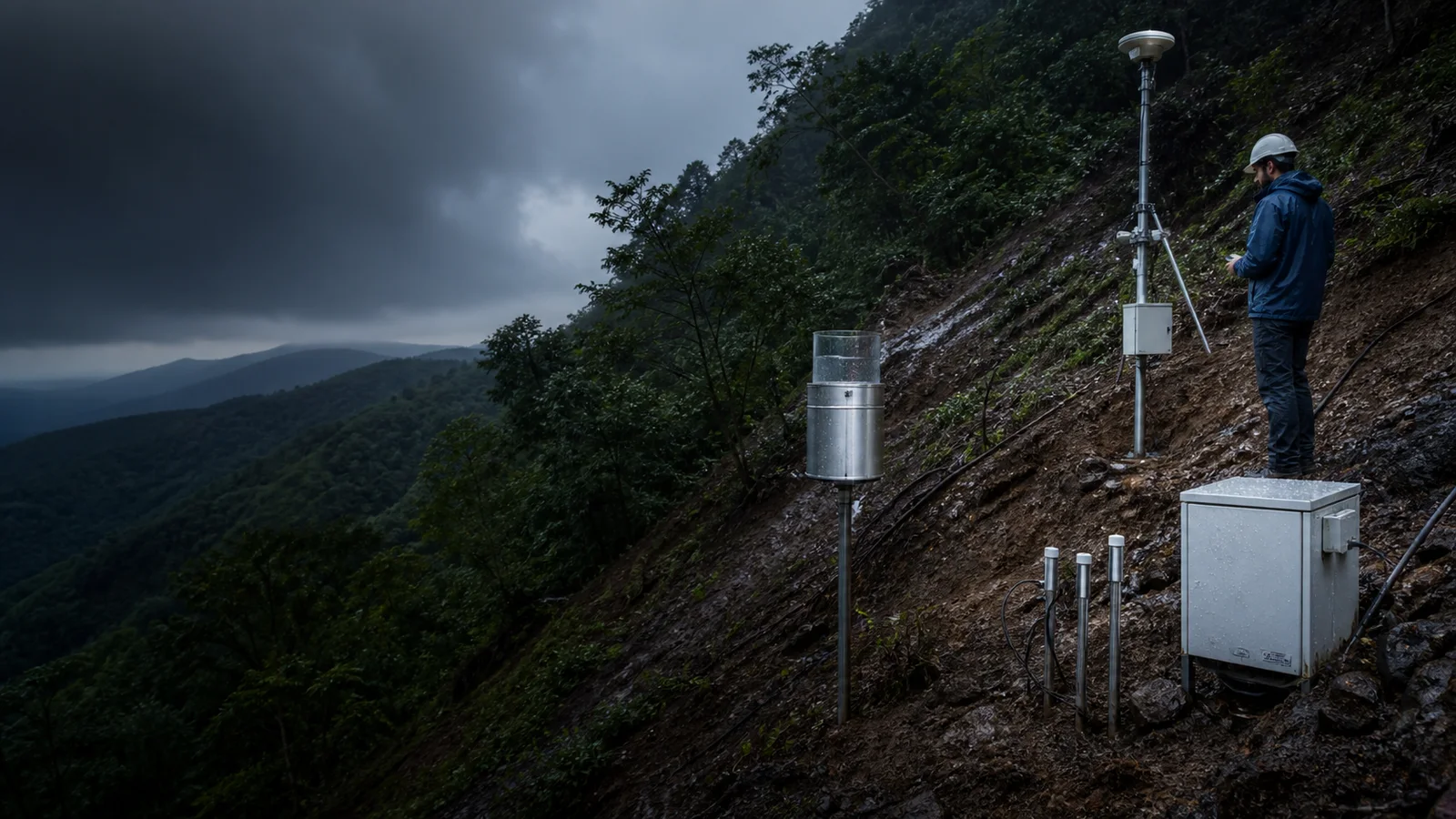 Geologist inspecting rain, soil-water and ground-motion instruments on a steep wet forested hillside