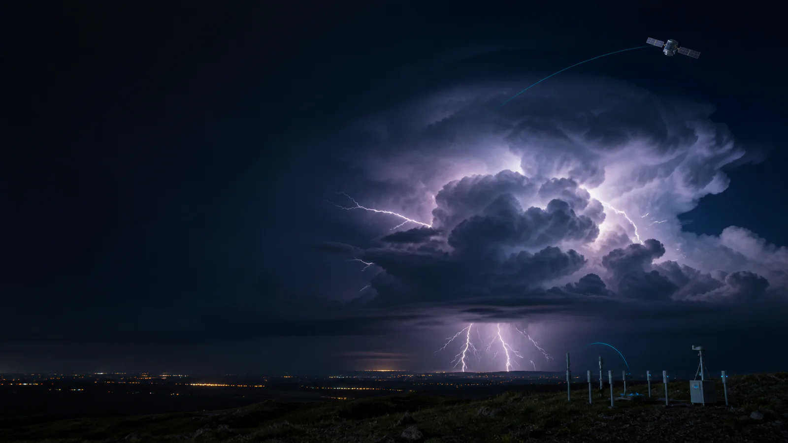 Realistic nocturnal thunderstorm with branching lightning, a ground sensor array and a weather satellite