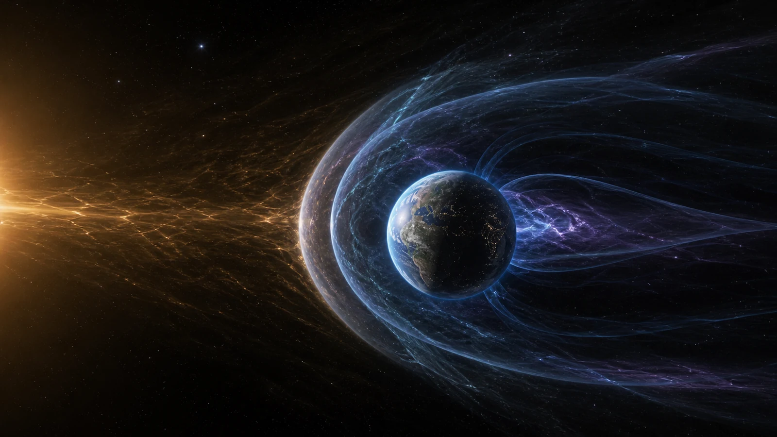Realistic Earth in space surrounded by a translucent compressed dayside magnetosphere and extended magnetotail