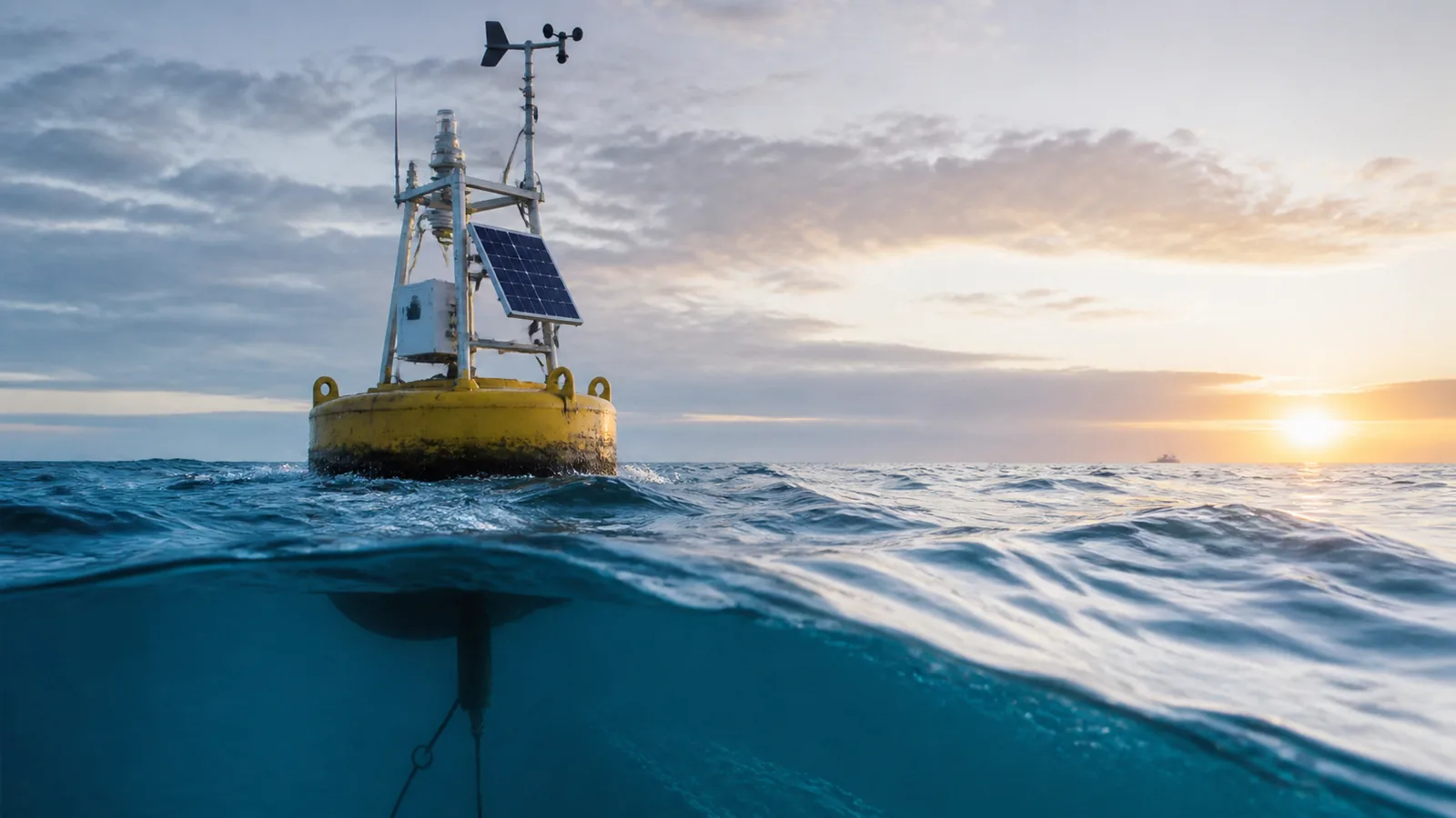 Instrumented yellow ocean buoy riding realistic swell at sunrise with its mooring visible below the surface