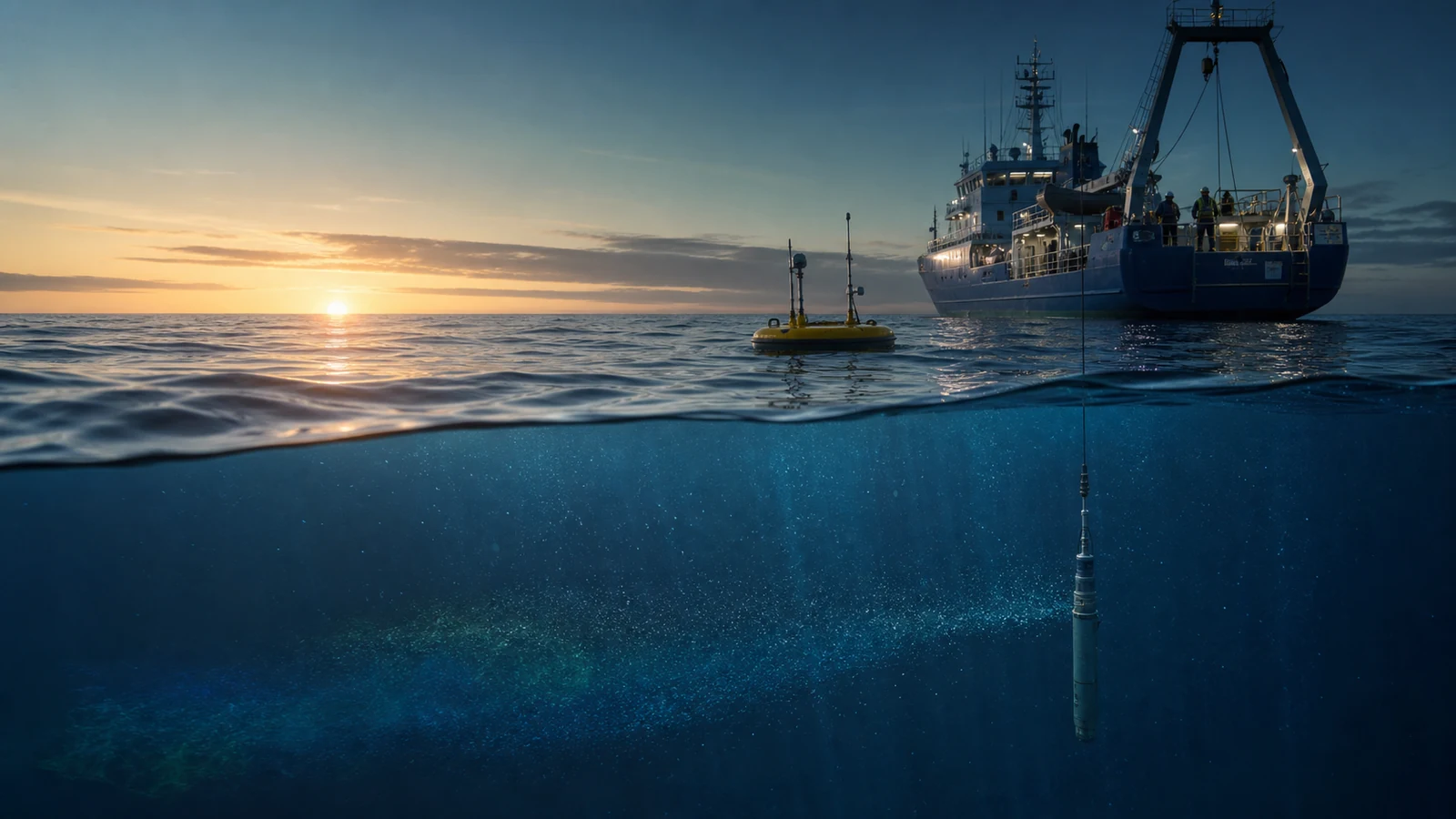 Ocean research vessel and surface drifter measuring currents above a deployed current profiler in deep blue water