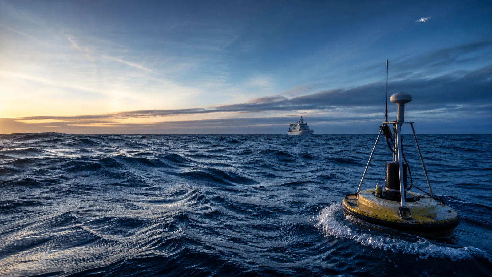 Instrumented wave buoy measuring realistic swell and wind waves in the open ocean at dawn