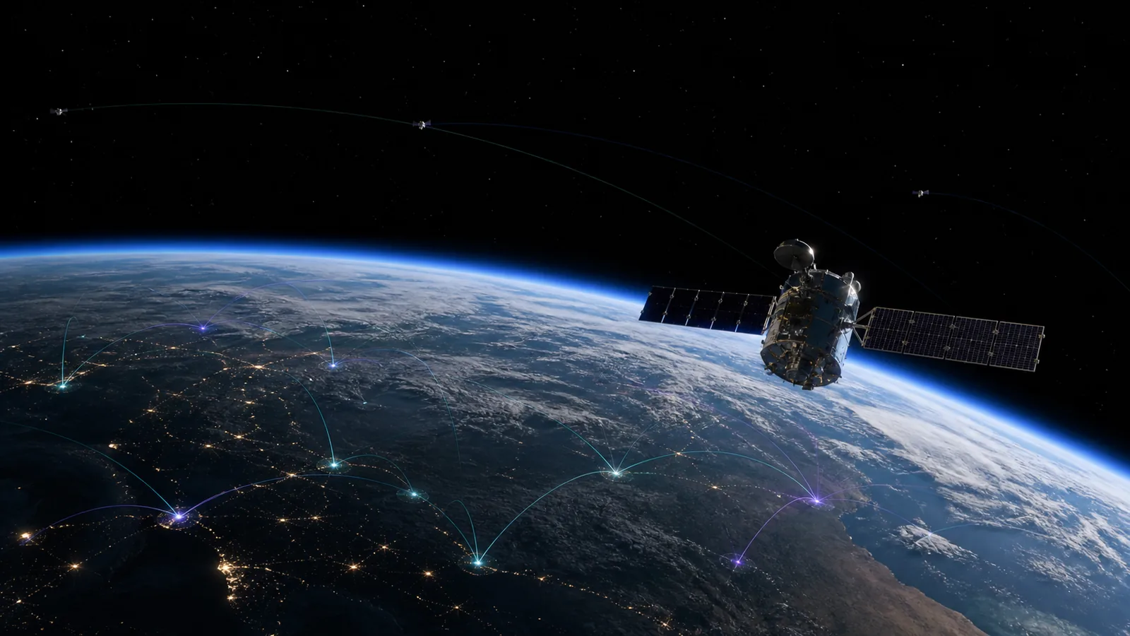 Realistic satellite above Earth with subtle orbital arcs and ground tracking points on the night side