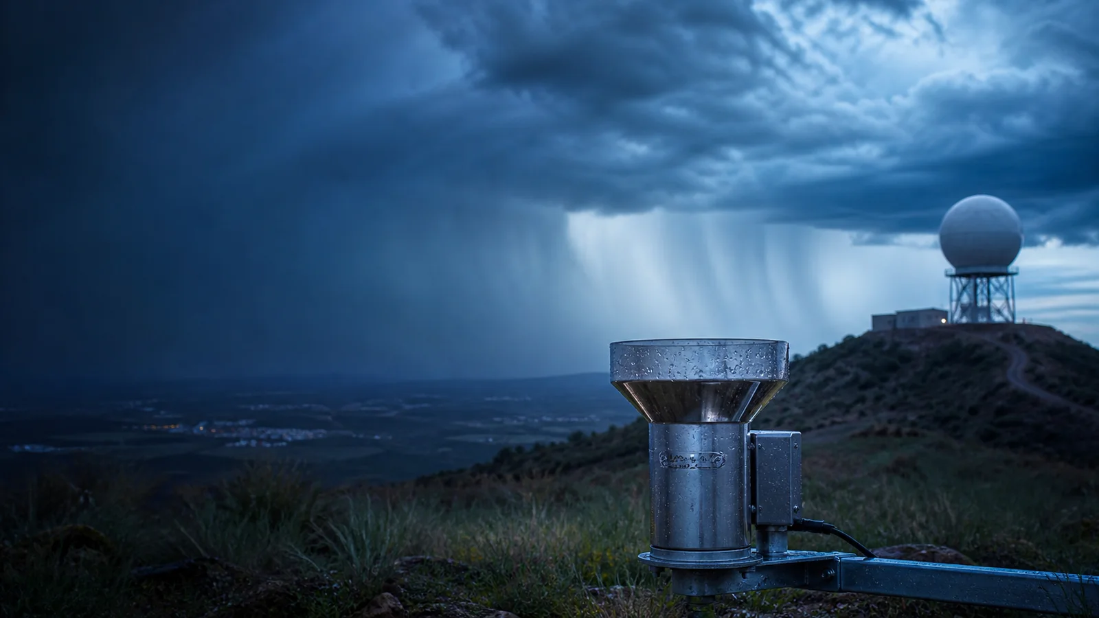 Professional rain gauge overlooking realistic rain shafts and a distant weather-radar dome at blue hour