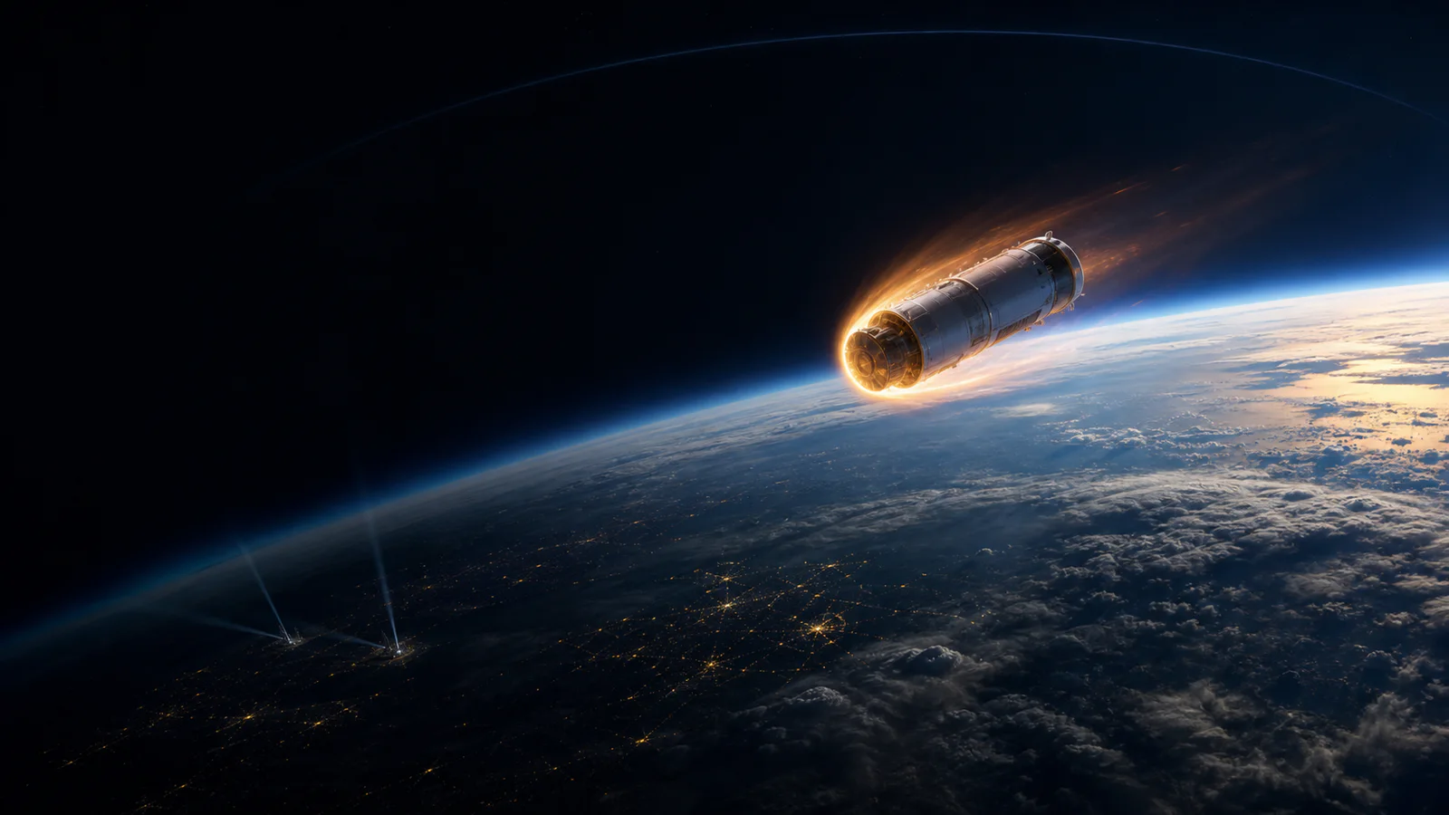 Realistic upper-stage object beginning atmospheric reentry above Earth while ground radars track its orbit