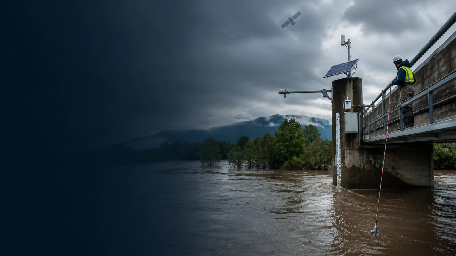Realistic high-flow river with a streamgage station and hydrologic technician measuring from a bridge