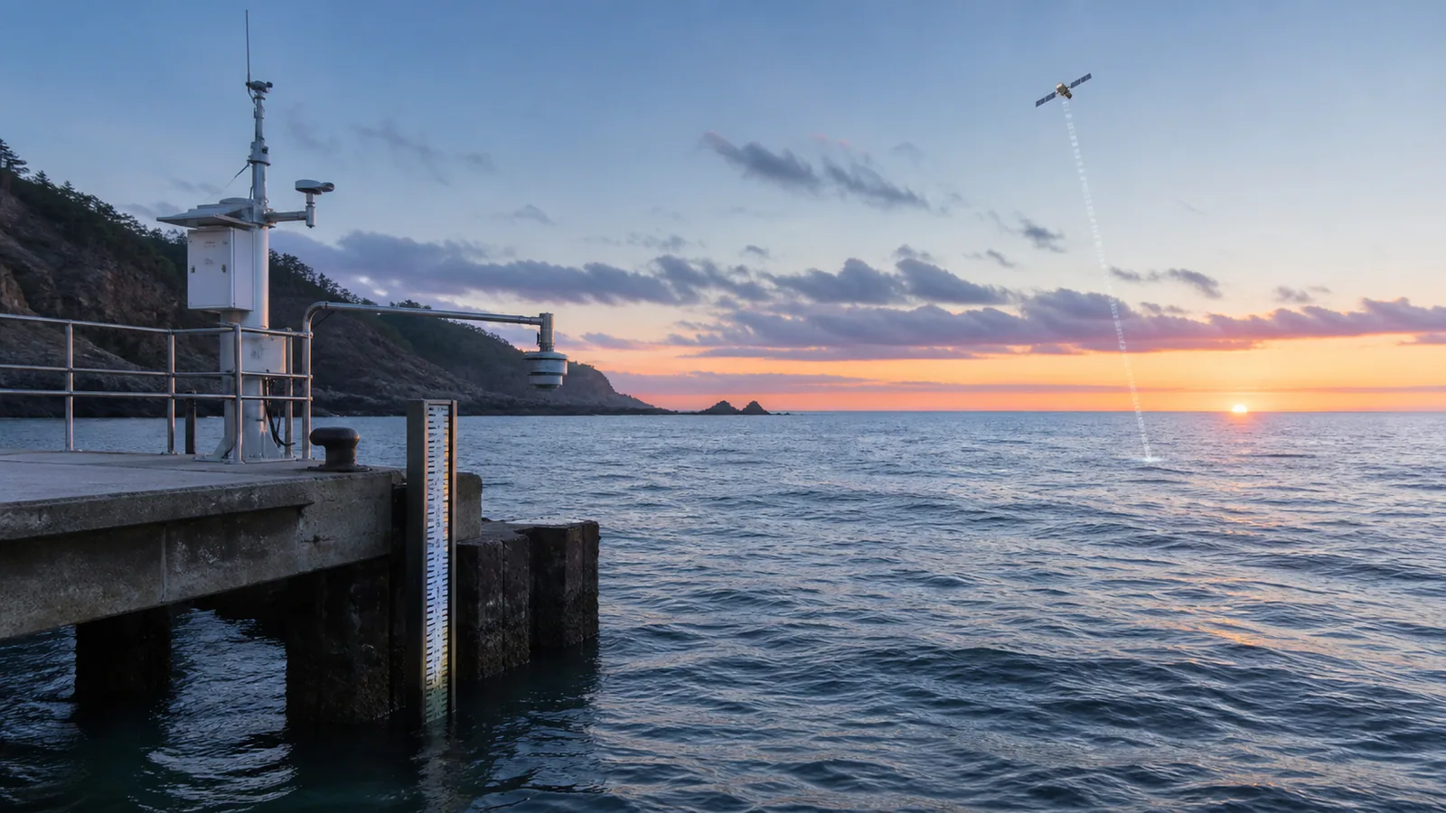 Coastal tide gauge at sunrise with a realistic radar-altimetry satellite measuring the ocean surface offshore