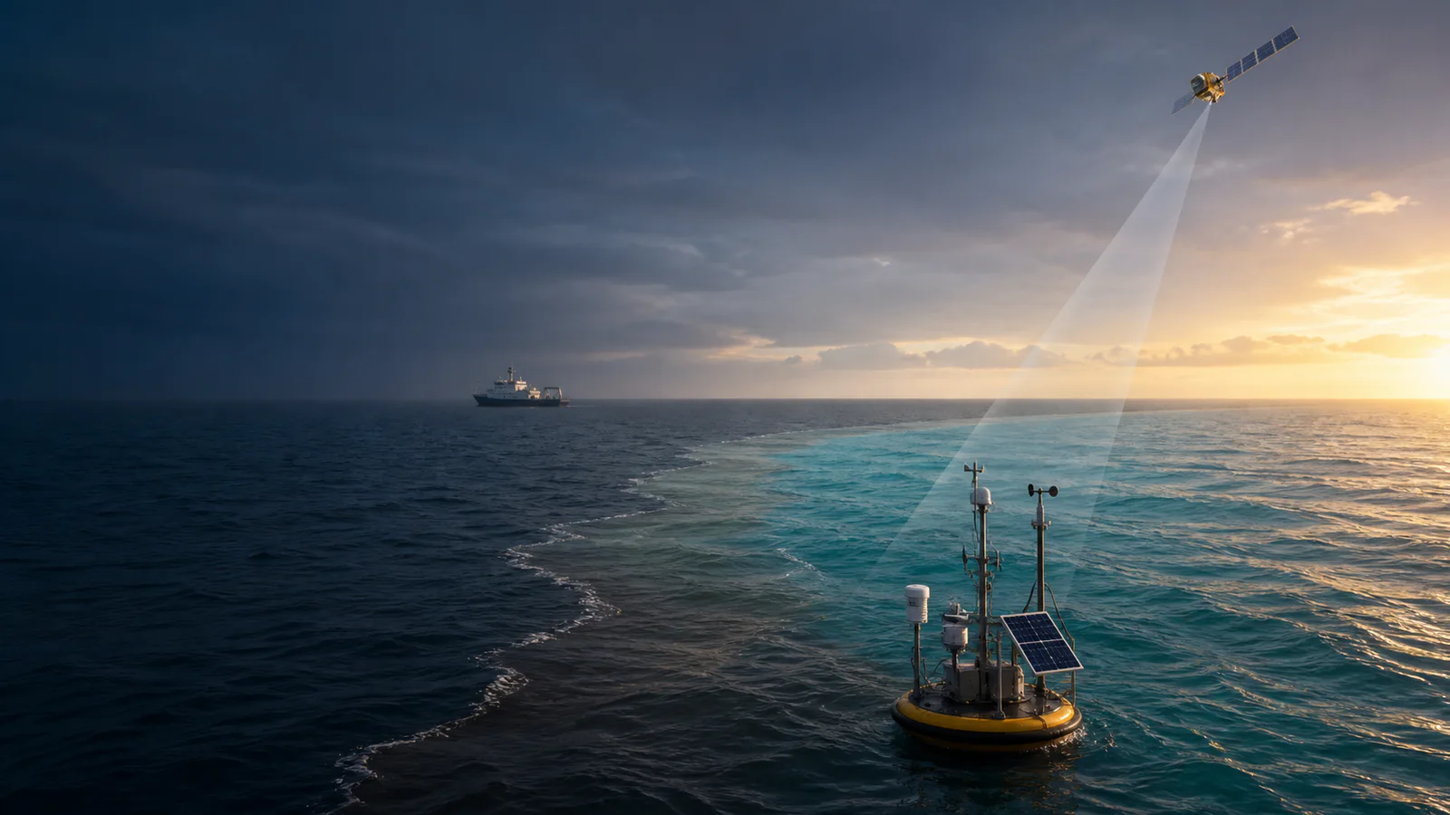 Instrumented ocean buoy beneath an Earth-observation satellite scanning the sea at dawn