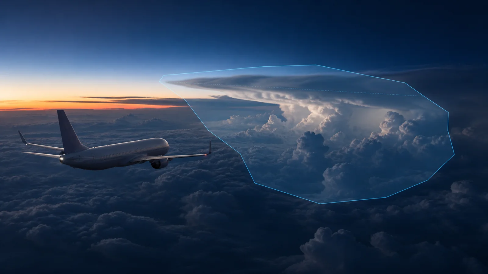 Aircraft approaching a distant thunderstorm with a restrained schematic aviation hazard polygon