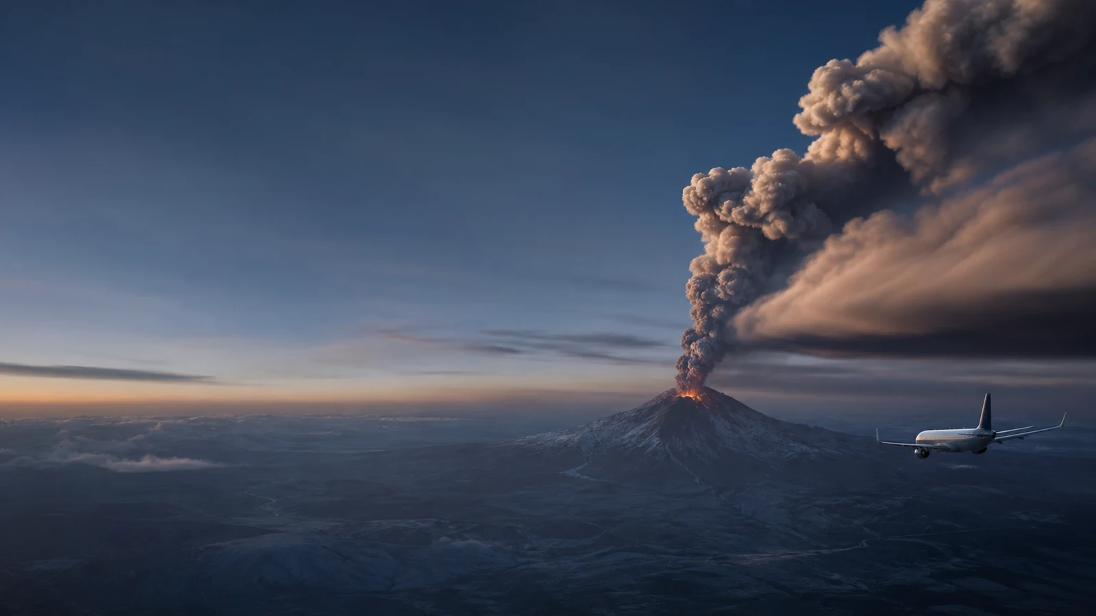 Passenger aircraft routing around a realistic high-altitude volcanic ash plume at twilight