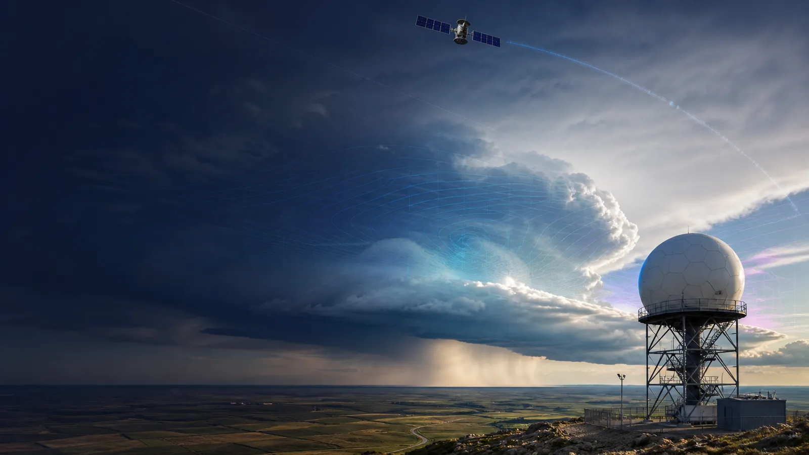 Doppler weather radar observing a structured storm while a satellite and subtle model contours appear above